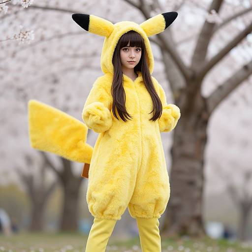 Photograph of an Asian woman with long brown hair, wearing a Pikachu-themed, yellow fuzzy onesie with black-tipped ears, standing outdoors in a