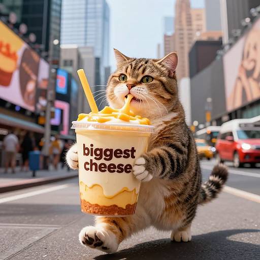 Brave Fluffy Cat with Giant Cheesecake Soda