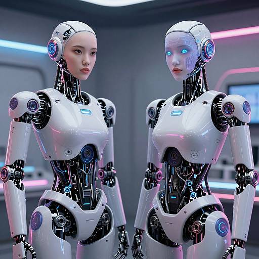 Photograph-style CGI of two futuristic, white and black humanoid robots with glowing blue eyes, standing in a neon-lit, metallic room.