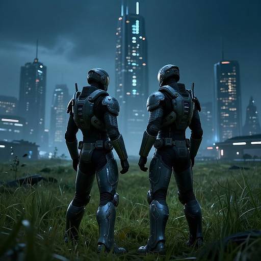 Two Futuristic Soldiers Standing in Grass Field at Night