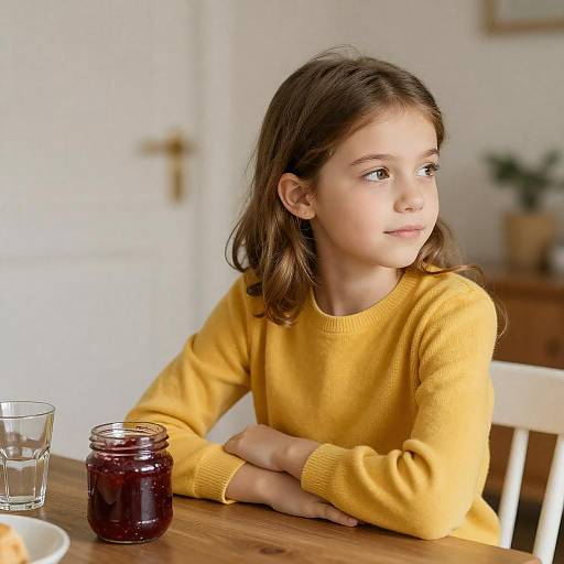 Young Girl in Yellow Sweater at Table