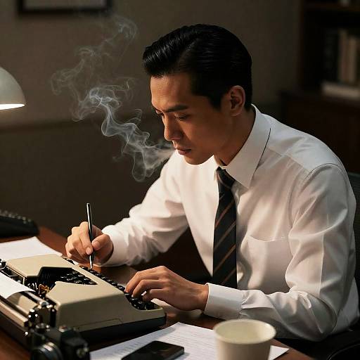 Focused Asian Man Writing at Desk with Typewriter