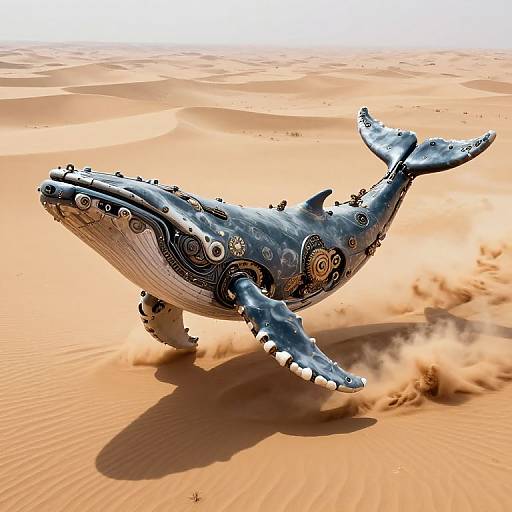 Digital art of a stylized, metallic blue whale with intricate patterns, soaring through a sunlit, sandy desert landscape.