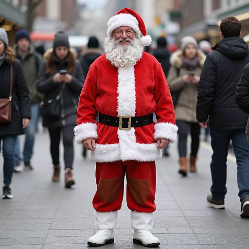 Photograph of a bearded Santa Claus in a red suit with white trim and black belt, standing in a busy urban street, surrounded by blurred pedestrians