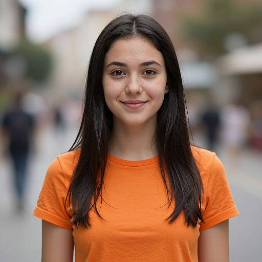 Photograph of a young woman with straight black hair, medium skin tone, wearing an orange t-shirt, standing on a blurry urban street.