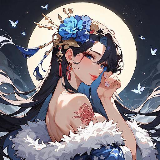 Elegant Anime Girl with Floral Kimono and Moonlight