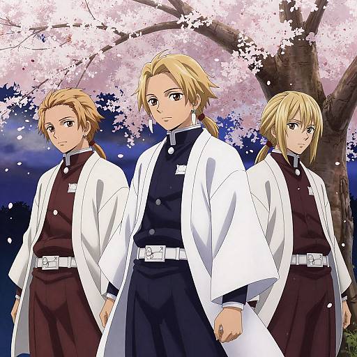 Three blonde anime boys in white and black school uniforms stand under cherry blossom tree at night, petals falling. Digital art.