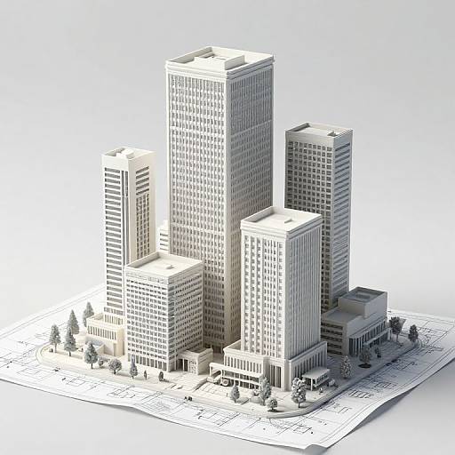 Photorealistic digital rendering of five modern, high-rise buildings in a white, grid-patterned urban landscape with small trees and parking.