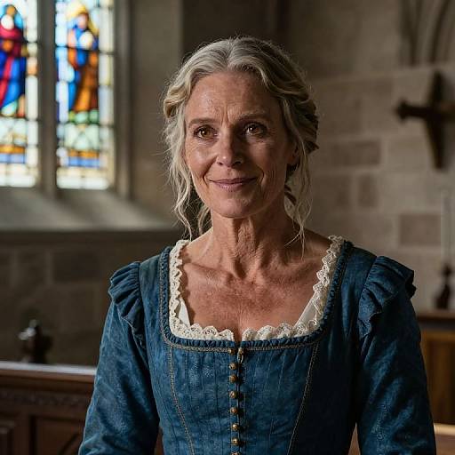 Photograph of an elderly white woman with gray hair, wearing a blue, lace-trimmed, buttoned dress, smiling in a dimly lit
