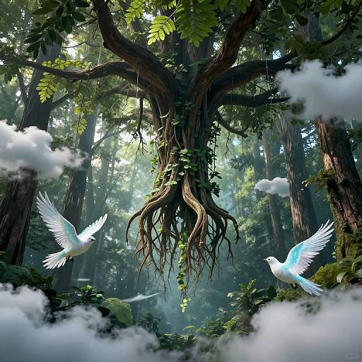 Digital fantasy artwork of two glowing white birds flying around a large, ancient tree with hanging roots and lush greenery, amidst misty, sunlit forest