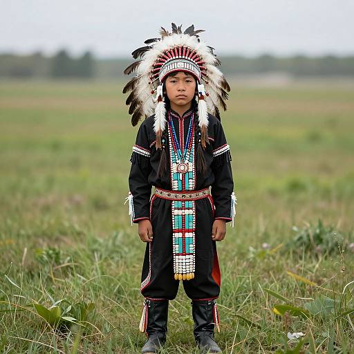 Photograph of a young Indigenous boy in traditional black attire with colorful beadwork, white and black feathered headpiece, standing in a grassy field