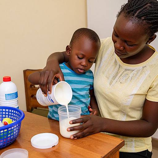 Photograph of an African woman with braided hair, wearing a yellow lace top, helping a young boy with dark skin, wearing a blue striped shirt