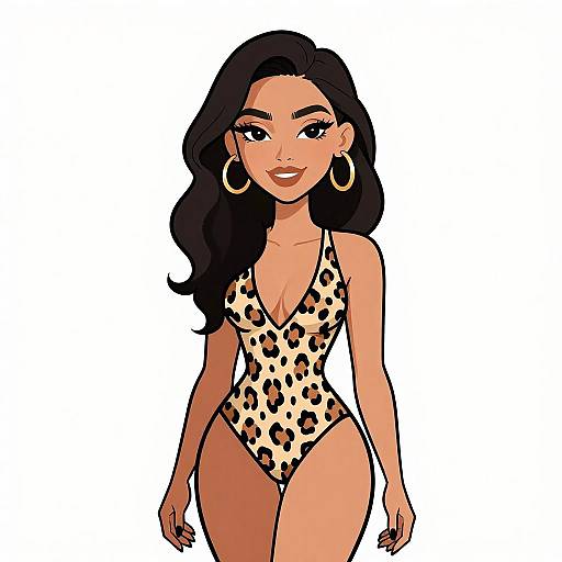 Digital illustration of a confident woman with long black hair, wearing a leopard-print, deep V-neck one-piece swimsuit, large hoop earrings, and smiling