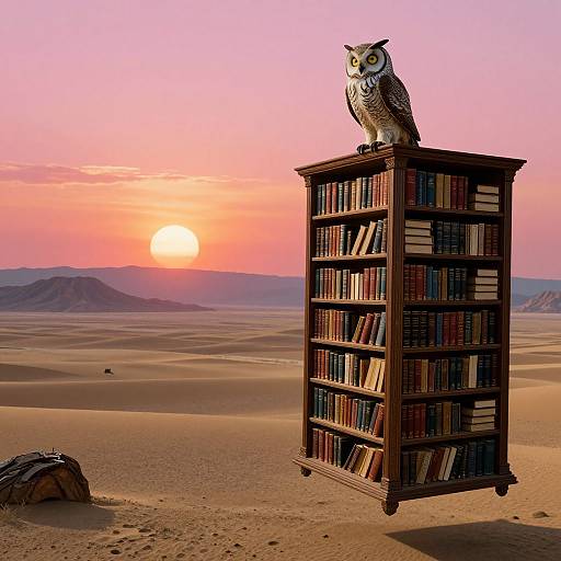 Photograph of an owl perched on a wooden bookshelf filled with books, set against a desert sunset with pink and orange sky.