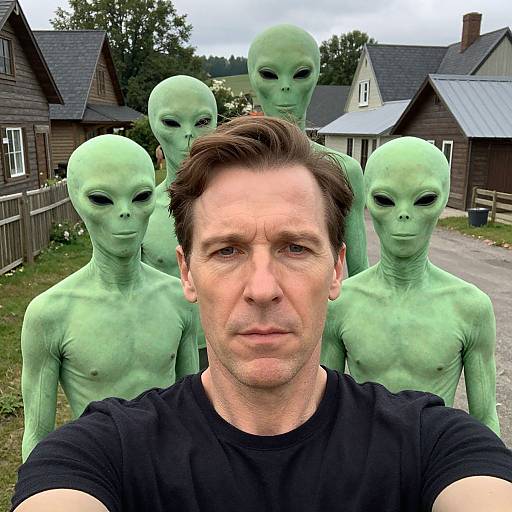 Photograph of a man in a black shirt, with four green, alien-like humanoid figures standing behind him in a suburban neighborhood.