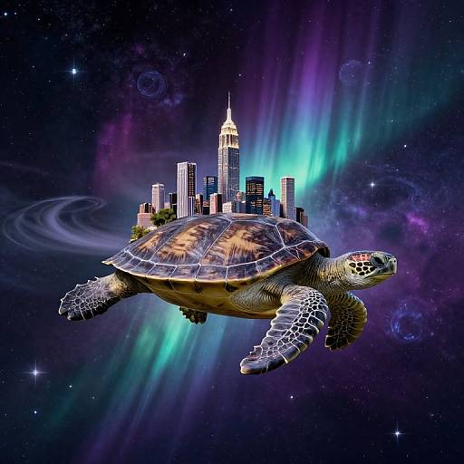 Digital artwork of a turtle with a cityscape on its shell, flying in space with vibrant auroras and starry background.
