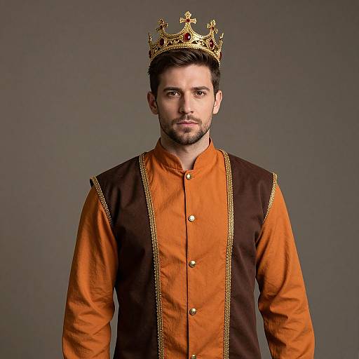 Photograph of a bearded man with short dark hair, wearing an orange shirt with brown sleeves, gold-trimmed, and a gold crown,