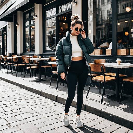 Woman in Cropped Puffer Jacket Adjusting Sunglasses on City Street