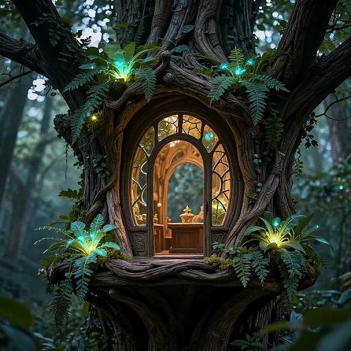 Fantastical CGI image of a glowing, arched wooden treehouse nestled in a dark forest, illuminated by bioluminescent plants. Warm,