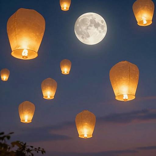 Photograph of numerous glowing orange paper lanterns floating in the night sky, illuminated by a bright full moon. Deep blue sky background with subtle purple hues