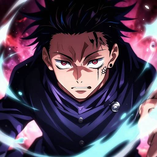 Anime-style digital illustration of a fierce, dark-haired male character with red eyes, black clothing, and glowing blue and pink energy swirls around him.