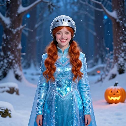 Photograph of a smiling red-haired girl in a sparkling blue Elsa costume, silver crown, and snow-covered forest with glowing pumpkin.