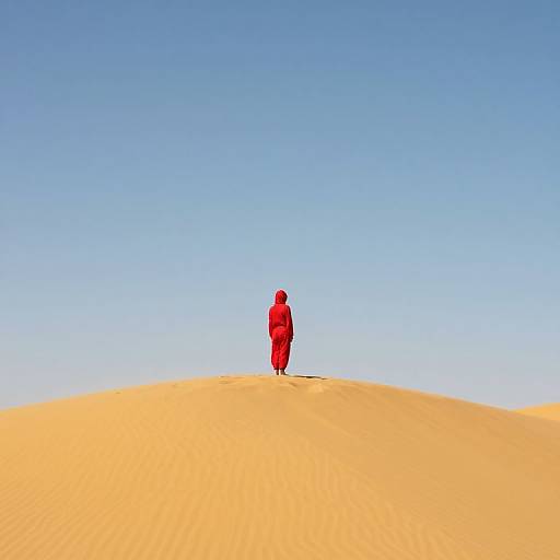 Photograph of a solitary red-robed monk walking up a bright yellow sand dune under a clear blue sky. Minimalist, serene scene.