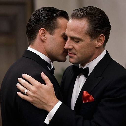 Photograph of two handsome men in black tuxedos, black bow ties, and white shirts, passionately kissing and embracing, with one wearing a