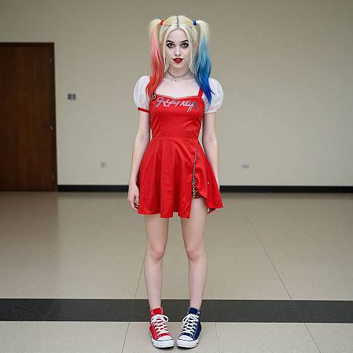 Photograph-style CGI of a blonde woman with twin pigtails, red-and-blue hair, red dress, white top, red-and-white sneakers,