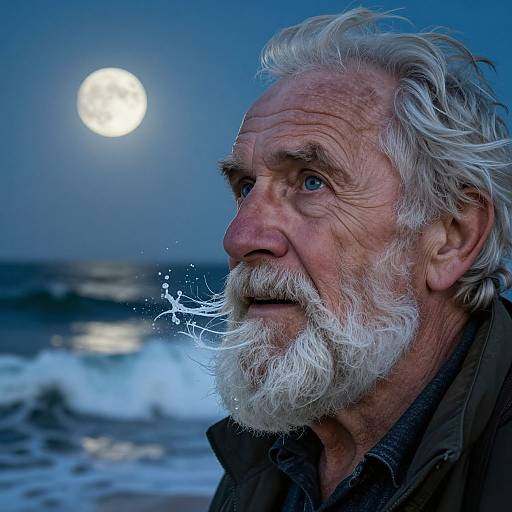 Photograph of an elderly white man with white hair and beard, gazing at a full moon over a blue ocean. Waves crash in the background;