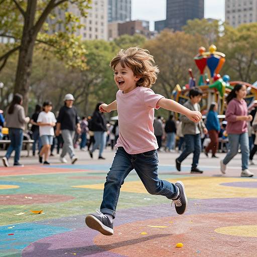 Photograph of a joyful, brown-haired toddler in a pink shirt and blue jeans, running on a colorful playground, surrounded by people and trees in a