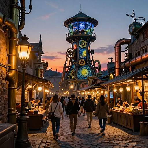 Photograph of a vibrant, steampunk-style street market at twilight, featuring illuminated clock tower, warm street lamps, and bustling pedestrians.