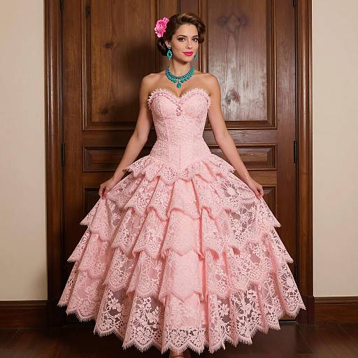 Elegant Woman in Pink Lace Ball Gown