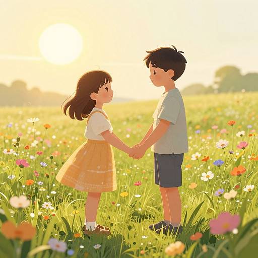 Digital anime-style illustration of a young girl and boy holding hands in a sunlit, colorful meadow filled with flowers.