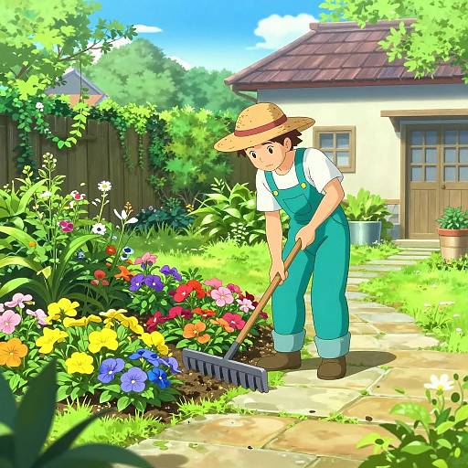 Digital anime-style illustration of a gardener in teal overalls and straw hat, tending a vibrant flower garden with a rake, next to a cozy