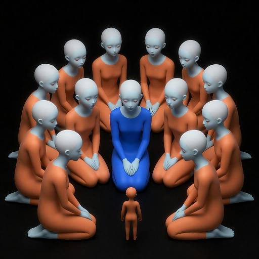 Twelve Pale Blue Figures Reaching Child