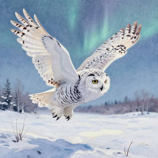 Photograph of a snowy owl with white, black-spotted feathers, yellow eyes, and outstretched wings, flying over a snowy landscape with aur