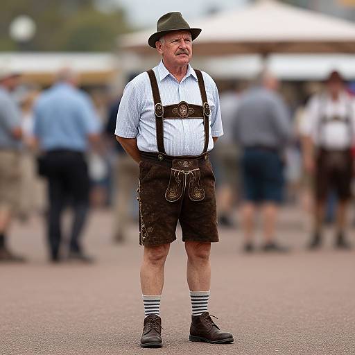 Photograph of an older white man wearing Bavarian attire: white shirt, black suspenders, brown shorts, black shoes, striped socks, black hat