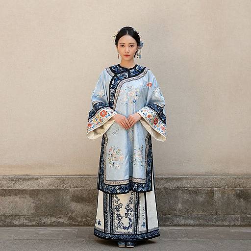 Photograph of an Asian woman in traditional white and blue embroidered Korean hanbok, standing against a plain beige wall, with a neutral expression and hands