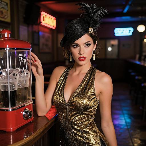 Glamorous woman in gold sequin dress and black feathered hat, red lipstick, leaning on bar with red soda machine, dimly lit bar