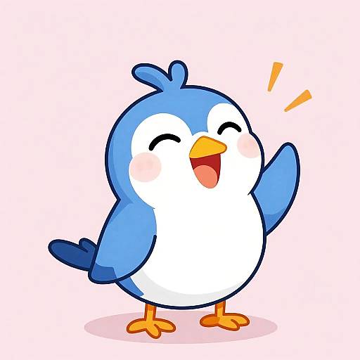 Cute cartoon blue and white penguin with a cheerful expression, closed eyes, open orange beak, and raised wing, set against a white background