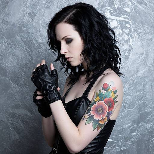 Photograph of a pale-skinned, black-haired woman with a colorful flower tattoo on her right arm, wearing black leather and gloves, against a textured