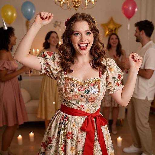 Photograph of a smiling, curly-haired woman in a floral dress with a red ribbon, raising fists joyfully in a warmly lit room with balloons,