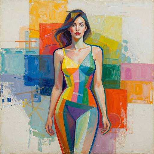 Digital painting of a slender woman with fair skin, red lips, and dark hair, wearing a colorful, geometric-patterned dress, set against a vibrant