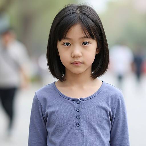 Photograph of an Asian girl with straight black bob haircut, wearing a blue button-up shirt, standing outdoors with blurred background.