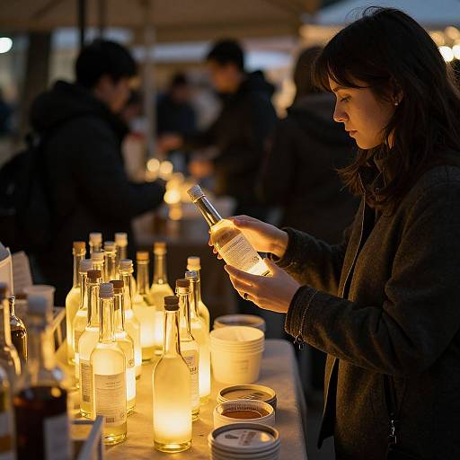 Photograph of a woman with dark hair, in a black jacket, examining a bottle of wine under warm, glowing lights at an outdoor market. Bl