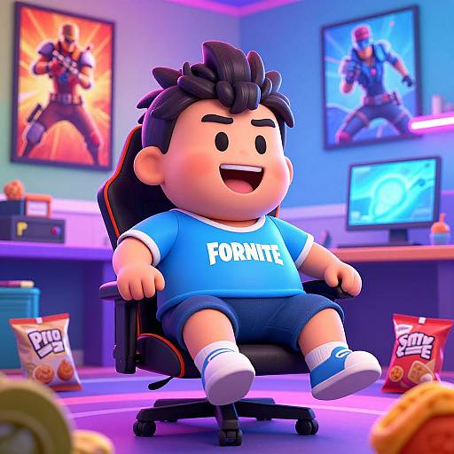 CGI image of a chubby, cartoon boy with black hair, wearing a blue 