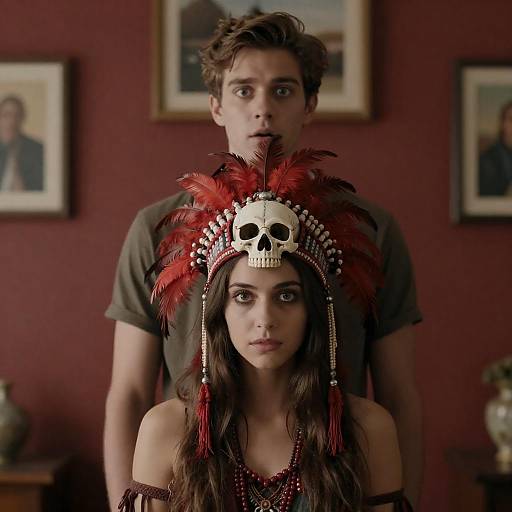 Woman in Skull Headdress, Surprised Man