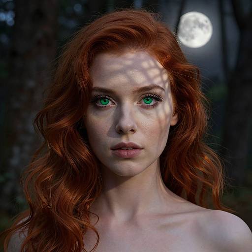 Photograph of a fair-skinned, red-haired woman with vibrant green eyes, freckles, and wavy hair, illuminated by moonlight in