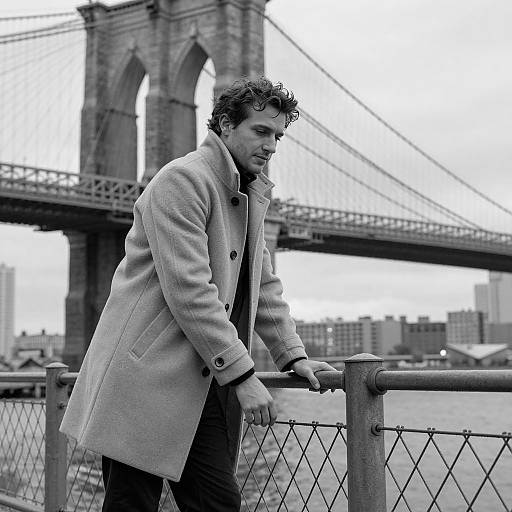 Man Leaning on Fence by Brooklyn Bridge